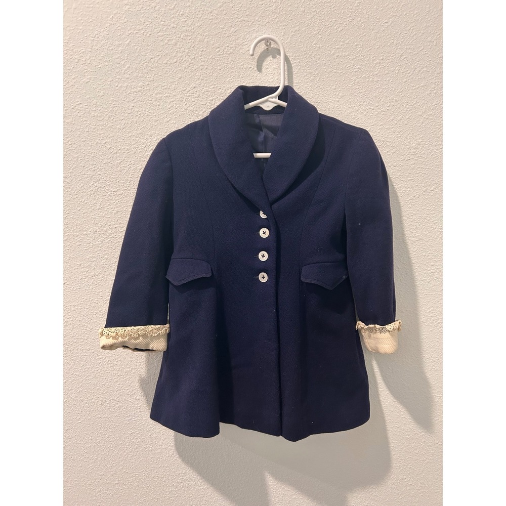 Vintage Peggy n Sue Navy Blue Pure‎ Wool Coat with Lace Cuffs Kids Girls